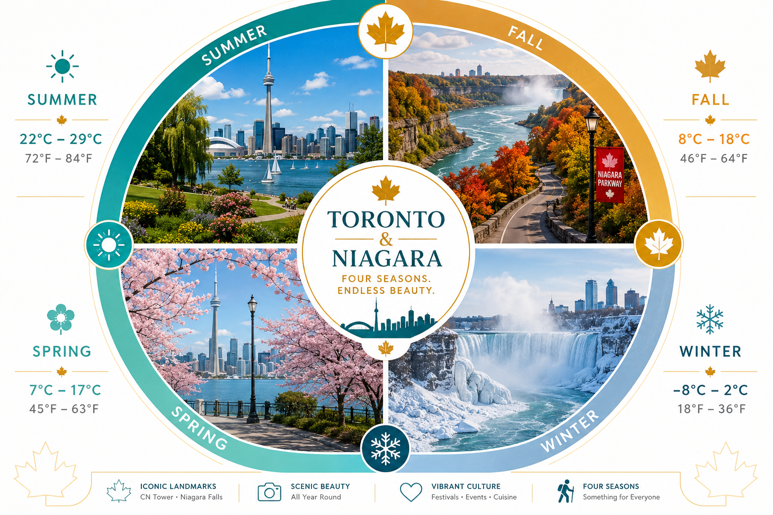 () editorial illustration showing a seasonal calendar wheel divided into four quadrants representing Toronto and Niagara
