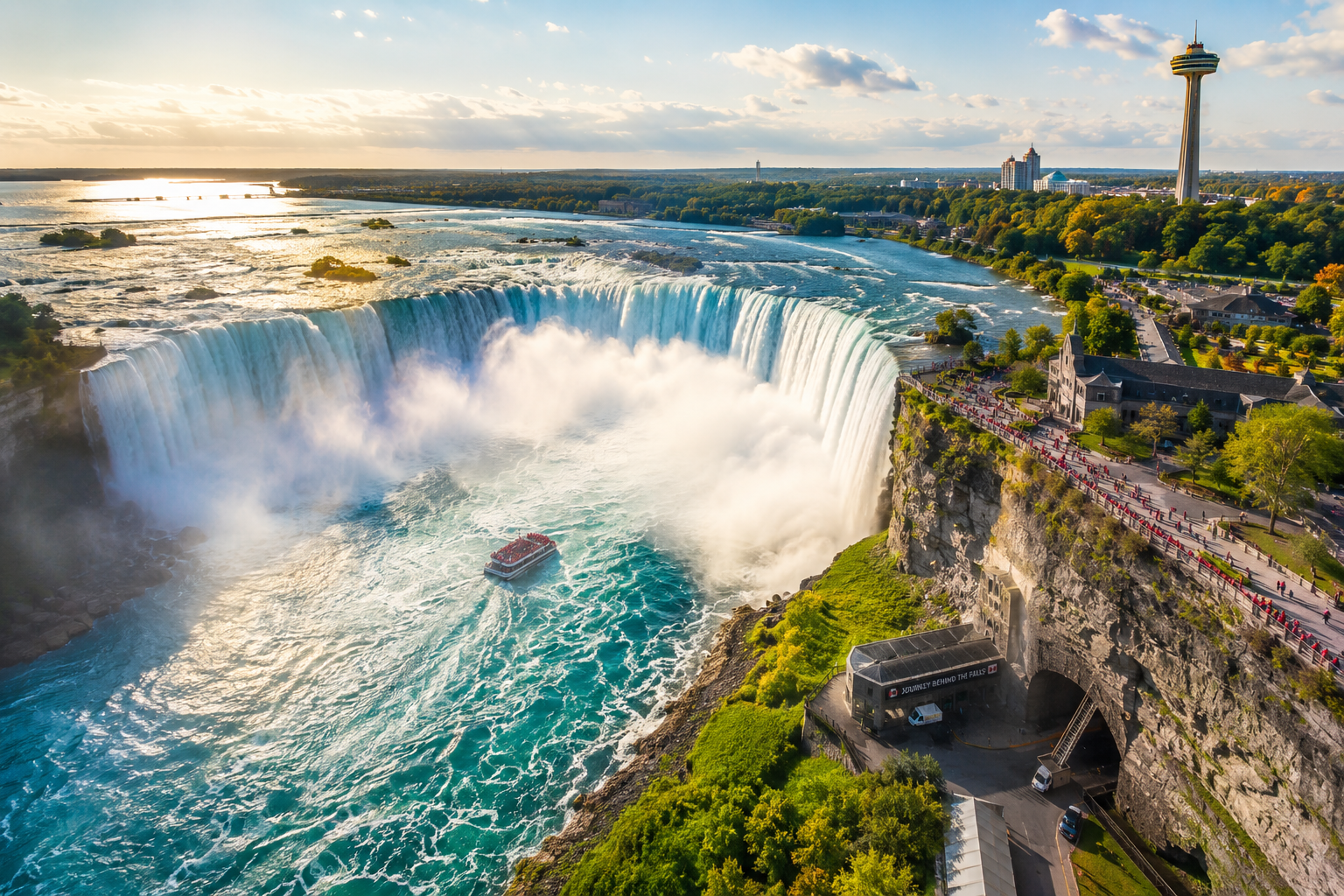 () dynamic aerial perspective photograph-style illustration of Niagara Falls from above showing the full horseshoe shape of