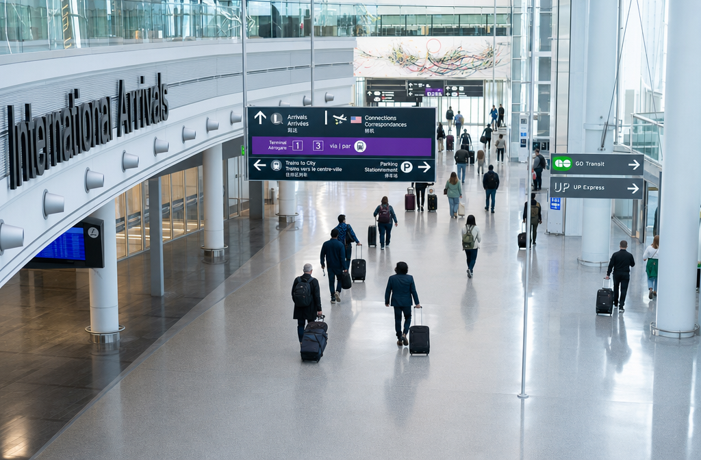 Aerial perspective () showing the interior of Toronto Pearson Airport Terminal 1 arrivals hall with passengers pulling